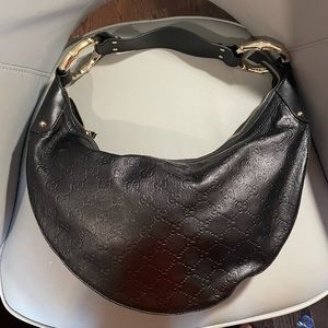 GUCCI Guccissima Half Moon Bamboo Ring Hobo Black